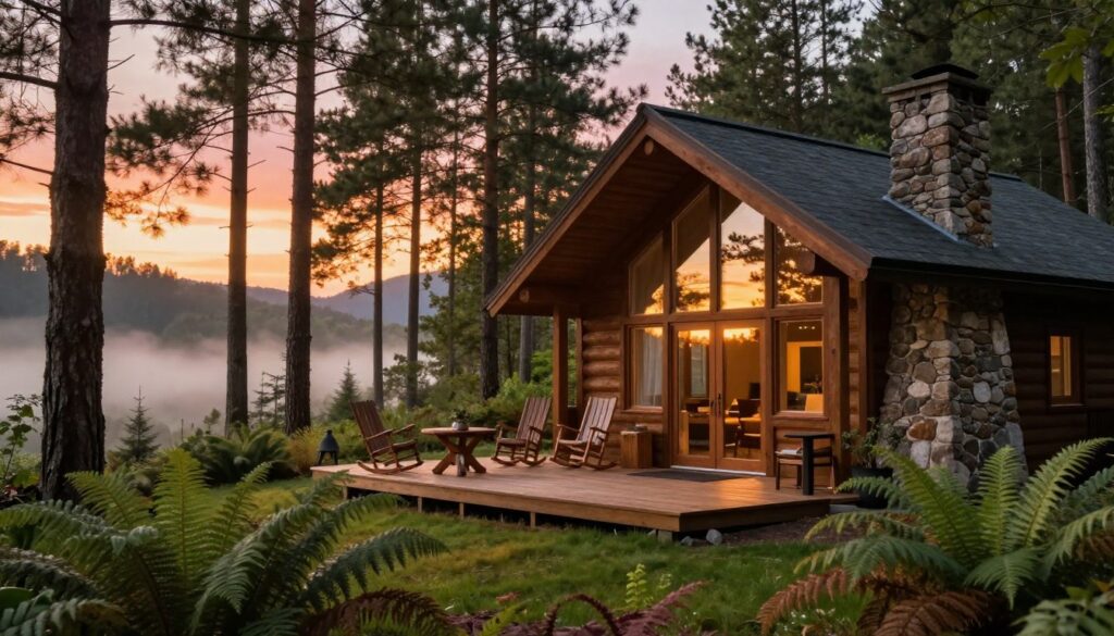 A serene forest lodge nestled among tall, lush pine trees, surrounded by vibrant greenery and soft ferns. In the foreground, a cozy wooden cabin with a stone chimney exudes warmth, featuring large windows that reflect the golden light of a setting sun. The middle ground shows a inviting wooden deck with rocking chairs and a rustic table, inviting visitors to relax and take in the natural beauty. In the background, gentle hills fade into a misty blur, while the sky is painted with warm orange and pink hues of sunset. The atmosphere feels tranquil and enchanting, embodying a perfect retreat for a royal family, showcasing their desire for a peaceful and spacious living environment. Soft, diffused lighting enhances the warm and inviting mood of the scene. A serene forest lodge nestled among tall, lush pine trees, surrounded by vibrant greenery and soft ferns. In the foreground, a cozy wooden cabin with a stone chimney exudes warmth, featuring large windows that reflect the golden light of a setting sun. The middle ground shows a inviting wooden deck with rocking chairs and a rustic table, inviting visitors to relax and take in the natural beauty. In the background, gentle hills fade into a misty blur, while the sky is painted with warm orange and pink hues of sunset. The atmosphere feels tranquil and enchanting, embodying a perfect retreat for a royal family, showcasing their desire for a peaceful and spacious living environment. Soft, diffused lighting enhances the warm and inviting mood of the scene.