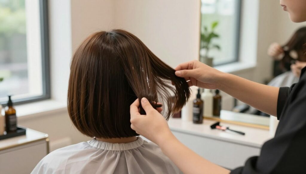 A serene haircare scene featuring a woman with a beautifully styled medium-length bob haircut, focusing on the healthy ends of her hair. She is seated in a well-lit salon, surrounded by soft, natural light streaming through large windows. The foreground captures her gently applying a hair serum to her bob, emphasizing the shiny and well-cared-for ends. The middle displays a stylist neatly arranging tools and products on a sleek countertop, showcasing a variety of hair care items. The background reflects a calming atmosphere with light-colored walls and greenery in the windowsill. The overall mood is tranquil and inviting, highlighting the importance of hair care and the beauty of a vibrant, glossy bob hairstyle. A serene haircare scene featuring a woman with a beautifully styled medium-length bob haircut, focusing on the healthy ends of her hair. She is seated in a well-lit salon, surrounded by soft, natural light streaming through large windows. The foreground captures her gently applying a hair serum to her bob, emphasizing the shiny and well-cared-for ends. The middle displays a stylist neatly arranging tools and products on a sleek countertop, showcasing a variety of hair care items. The background reflects a calming atmosphere with light-colored walls and greenery in the windowsill. The overall mood is tranquil and inviting, highlighting the importance of hair care and the beauty of a vibrant, glossy bob hairstyle.