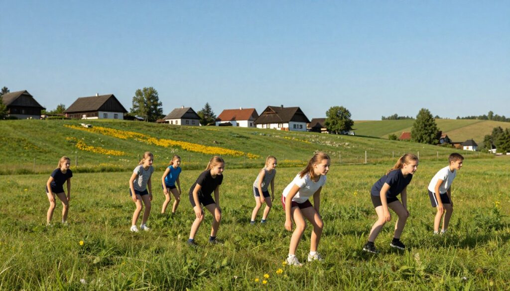 A serene landscape in Bieniowie showcasing the roots of culture and sport, featuring an open field with lush green grass and a vibrant blue sky. In the foreground, a group of young athletes, dressed in modest athletic wear, are practicing on the field. Their expressions convey focus and determination, capturing the essence of their early steps in sports. The middle ground includes gently rolling hills dotted with wildflowers, symbolizing growth and connection to nature. In the background, traditional Polish houses represent the local heritage. Soft, warm sunlight bathes the scene, creating a hopeful and inspirational atmosphere. The image should evoke feelings of nostalgia and motivation, beautifully reflecting Julia Szeremeta's beginnings in her athletic journey.
