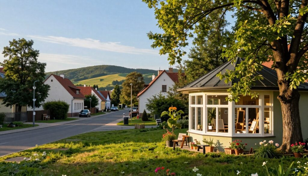A serene landscape of Otwock, Poland, depicting its lush greenery and artistic ambiance. In the foreground, a modest, charming artist's studio with large windows, surrounded by vibrant trees and flowering plants, inviting creativity. The middle ground features a picturesque street lined with quaint houses, reflecting a peaceful community. In the background, soft rolling hills under a clear blue sky add depth. The lighting is warm and golden, suggesting late afternoon, casting gentle shadows. A sense of tranquility and inspiration pervades the scene, ideal for an artist seeking a calm retreat. A subtle breeze rustles the leaves, enhancing the serene atmosphere, captured with a wide-angle lens to showcase the beauty and harmony of Otwock as a sanctuary for artistic endeavors. A serene landscape of Otwock, Poland, depicting its lush greenery and artistic ambiance. In the foreground, a modest, charming artist's studio with large windows, surrounded by vibrant trees and flowering plants, inviting creativity. The middle ground features a picturesque street lined with quaint houses, reflecting a peaceful community. In the background, soft rolling hills under a clear blue sky add depth. The lighting is warm and golden, suggesting late afternoon, casting gentle shadows. A sense of tranquility and inspiration pervades the scene, ideal for an artist seeking a calm retreat. A subtle breeze rustles the leaves, enhancing the serene atmosphere, captured with a wide-angle lens to showcase the beauty and harmony of Otwock as a sanctuary for artistic endeavors.