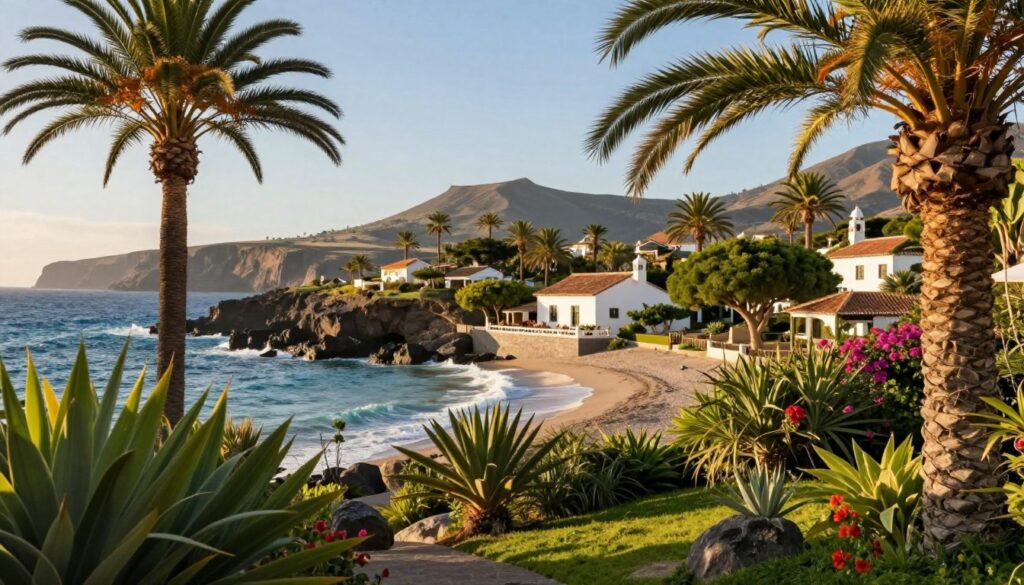 A serene landscape of a tranquil Spanish island, showcasing lush greenery and vibrant local flora in the foreground. Soft, golden sunlight filters through the palm trees, casting gentle shadows on a quaint beach surrounded by azure waves. In the middle ground, a charming traditional Spanish villa with whitewashed walls and terracotta roof tiles is nestled among the trees, evoking a sense of peace and private retreat. The background features rugged cliffs and distant hills under a clear blue sky, suggesting both solitude and a connection to nature. The overall atmosphere radiates relaxation and balance, symbolizing a serene escape from the busy Hollywood lifestyle. The scene should be captured with a warm, inviting lens effect to emphasize the idyllic charm of the island. A serene landscape of a tranquil Spanish island, showcasing lush greenery and vibrant local flora in the foreground. Soft, golden sunlight filters through the palm trees, casting gentle shadows on a quaint beach surrounded by azure waves. In the middle ground, a charming traditional Spanish villa with whitewashed walls and terracotta roof tiles is nestled among the trees, evoking a sense of peace and private retreat. The background features rugged cliffs and distant hills under a clear blue sky, suggesting both solitude and a connection to nature. The overall atmosphere radiates relaxation and balance, symbolizing a serene escape from the busy Hollywood lifestyle. The scene should be captured with a warm, inviting lens effect to emphasize the idyllic charm of the island.