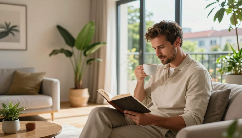 A serene lifestyle portrayal of Tomasz Wolny in a modern, stylish home setting. In the foreground, a well-dressed man in a smart casual outfit is engaged in a hobby, perhaps reading a book or enjoying a cup of coffee. The middle ground features a tastefully decorated living room with soft, natural light streaming through large windows, illuminating an inviting space adorned with lush plants and contemporary art. In the background, a glimpse of an outdoor balcony with a view of a vibrant cityscape or a serene garden reflects a balanced lifestyle. The atmosphere is warm and inviting, conveying a sense of comfort and personal growth. Use a soft focus lens to enhance the cozy feel, with warm lighting accentuating the scene’s tranquility. A serene lifestyle portrayal of Tomasz Wolny in a modern, stylish home setting. In the foreground, a well-dressed man in a smart casual outfit is engaged in a hobby, perhaps reading a book or enjoying a cup of coffee. The middle ground features a tastefully decorated living room with soft, natural light streaming through large windows, illuminating an inviting space adorned with lush plants and contemporary art. In the background, a glimpse of an outdoor balcony with a view of a vibrant cityscape or a serene garden reflects a balanced lifestyle. The atmosphere is warm and inviting, conveying a sense of comfort and personal growth. Use a soft focus lens to enhance the cozy feel, with warm lighting accentuating the scene’s tranquility.