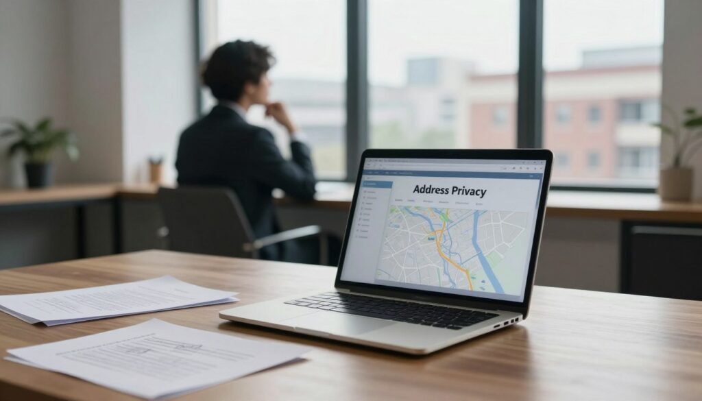 A serene, modern workspace depicting the concept of address privacy. In the foreground, a sleek laptop on a polished wooden desk displays a blurred map interface, symbolizing digital privacy. Scattered around are documents with personal information scribbled over, emphasizing the importance of confidentiality. The middle ground features a thoughtful person, dressed in professional attire, gazing out of a large window, reflecting on their commitment to safeguarding their personal space. The background reveals urban buildings subtly muted to suggest a bustling city while maintaining anonymity. Soft, diffused natural light streams in, casting gentle shadows, creating a contemplative atmosphere that highlights the significance of keeping one’s address private. A serene, modern workspace depicting the concept of address privacy. In the foreground, a sleek laptop on a polished wooden desk displays a blurred map interface, symbolizing digital privacy. Scattered around are documents with personal information scribbled over, emphasizing the importance of confidentiality. The middle ground features a thoughtful person, dressed in professional attire, gazing out of a large window, reflecting on their commitment to safeguarding their personal space. The background reveals urban buildings subtly muted to suggest a bustling city while maintaining anonymity. Soft, diffused natural light streams in, casting gentle shadows, creating a contemplative atmosphere that highlights the significance of keeping one’s address private.