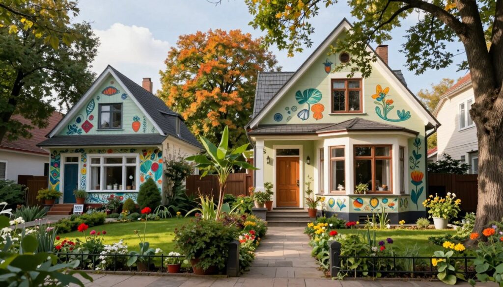 A serene neighborhood scene depicting the essence of Andrzej Poniedzielski's residence, featuring a cozy, artful home nestled among lush greenery. In the foreground, a well-maintained garden with vibrant flowers frames the entrance, while a path leads toward the welcoming front door, radiating warmth and hospitality. In the middle ground, charming houses with artistic façades reflect a creative community, interspersed with trees showcasing autumn colors, suggesting a peaceful atmosphere. In the background, soft sunlight filters through the branches, casting dappled shadows on the scene, evoking a sense of tranquility. The overall mood is one of warmth and artistic inspiration, capturing the essence of a place that nurtures creativity and personal expression. The image should be bright and inviting, evoking a sense of pride in community and privacy. A serene neighborhood scene depicting the essence of Andrzej Poniedzielski's residence, featuring a cozy, artful home nestled among lush greenery. In the foreground, a well-maintained garden with vibrant flowers frames the entrance, while a path leads toward the welcoming front door, radiating warmth and hospitality. In the middle ground, charming houses with artistic façades reflect a creative community, interspersed with trees showcasing autumn colors, suggesting a peaceful atmosphere. In the background, soft sunlight filters through the branches, casting dappled shadows on the scene, evoking a sense of tranquility. The overall mood is one of warmth and artistic inspiration, capturing the essence of a place that nurtures creativity and personal expression. The image should be bright and inviting, evoking a sense of pride in community and privacy.