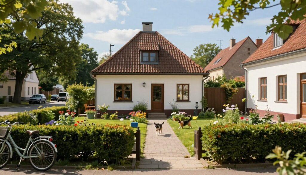 A serene residential neighborhood setting in Poland, featuring a modest, charming house reflecting traditional Polish architecture with a vivid garden full of native flowers. In the foreground, a well-kept pathway leads to the entrance, flanked by neatly trimmed hedges. To the left, there is a bicycle parked, hinting at a family-oriented lifestyle. The middle ground shows a friendly dog playing in the yard, with soft sunlight filtering through the trees, casting gentle shadows. In the background, a peaceful street with classic Polish houses can be seen, under a clear blue sky. The mood is warm and inviting, evoking a sense of home and community. The scene is captured using a natural lens with soft-focus effects to enhance the tranquil atmosphere. A serene residential neighborhood setting in Poland, featuring a modest, charming house reflecting traditional Polish architecture with a vivid garden full of native flowers. In the foreground, a well-kept pathway leads to the entrance, flanked by neatly trimmed hedges. To the left, there is a bicycle parked, hinting at a family-oriented lifestyle. The middle ground shows a friendly dog playing in the yard, with soft sunlight filtering through the trees, casting gentle shadows. In the background, a peaceful street with classic Polish houses can be seen, under a clear blue sky. The mood is warm and inviting, evoking a sense of home and community. The scene is captured using a natural lens with soft-focus effects to enhance the tranquil atmosphere.