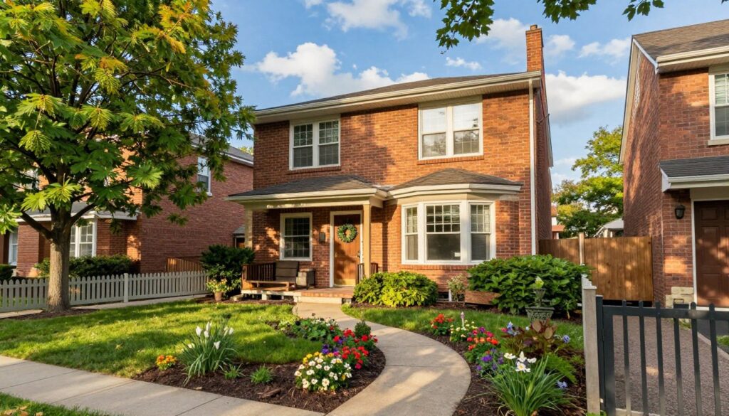 A serene residential scene showcasing a cozy urban home in a well-maintained neighborhood where Roman Polko resides. In the foreground, a small garden with colorful flowers and a neat pathway leads to the front door, adorned with a welcoming wreath. The middle ground features a charming brick house with large windows, surrounded by lush green trees and a picket fence. In the background, a clear blue sky is visible, with soft clouds casting gentle shadows on the ground. The lighting is warm and inviting, suggesting a pleasant afternoon. The angle of the image is slightly elevated, creating a sense of depth, while maintaining a professional and tranquil atmosphere. The setting reflects a homely vibe, emphasizing connection to place and community. A serene residential scene showcasing a cozy urban home in a well-maintained neighborhood where Roman Polko resides. In the foreground, a small garden with colorful flowers and a neat pathway leads to the front door, adorned with a welcoming wreath. The middle ground features a charming brick house with large windows, surrounded by lush green trees and a picket fence. In the background, a clear blue sky is visible, with soft clouds casting gentle shadows on the ground. The lighting is warm and inviting, suggesting a pleasant afternoon. The angle of the image is slightly elevated, creating a sense of depth, while maintaining a professional and tranquil atmosphere. The setting reflects a homely vibe, emphasizing connection to place and community.