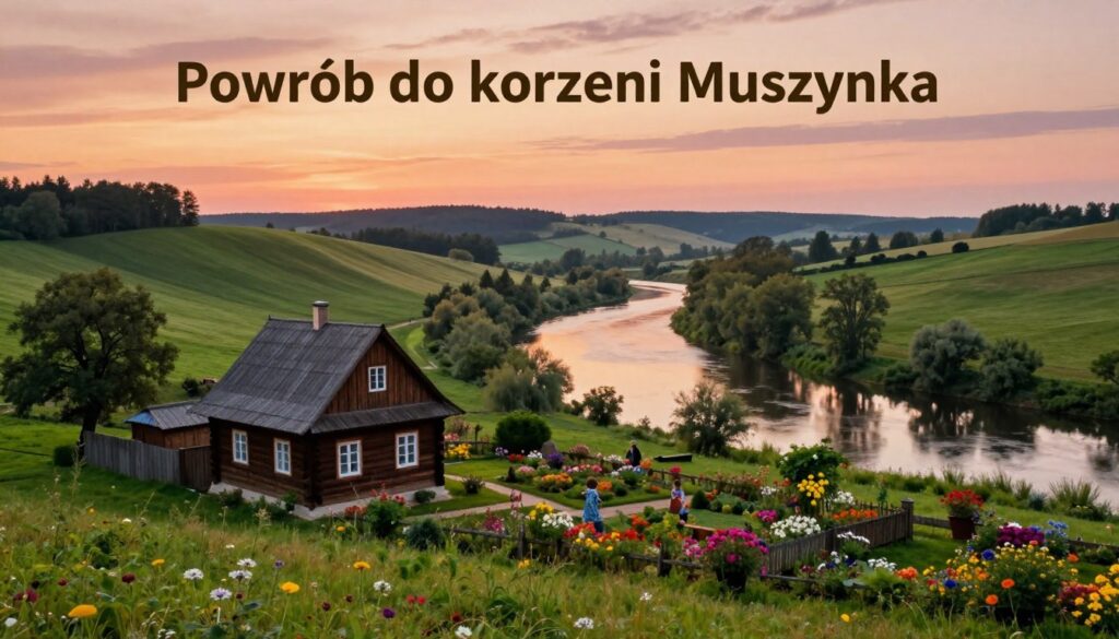 A serene scene depicting "Powrót do korzeni Muszynka," showcasing a picturesque Polish countryside. In the foreground, a traditional wooden house with vibrant flower gardens represents a familial heritage, surrounded by lush greenery. The middle ground features a winding river, reflecting the sky, which is painted in soft hues of orange and pink during sunset, creating a warm and nostalgic atmosphere. In the background, gentle hills dotted with trees stretch into the distance, embodying the serene beauty of rural Poland. The lighting is soft, with a warm glow enveloping the scene, evoking a sense of peace and connection to one's roots. The overall mood captures a feeling of return and belonging, illustrating the essence of family ties. A serene scene depicting "Powrót do korzeni Muszynka," showcasing a picturesque Polish countryside. In the foreground, a traditional wooden house with vibrant flower gardens represents a familial heritage, surrounded by lush greenery. The middle ground features a winding river, reflecting the sky, which is painted in soft hues of orange and pink during sunset, creating a warm and nostalgic atmosphere. In the background, gentle hills dotted with trees stretch into the distance, embodying the serene beauty of rural Poland. The lighting is soft, with a warm glow enveloping the scene, evoking a sense of peace and connection to one's roots. The overall mood captures a feeling of return and belonging, illustrating the essence of family ties.