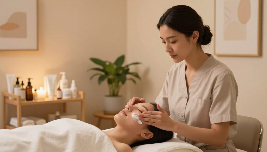 A serene spa treatment room, softly illuminated with warm, ambient lighting. In the foreground, a professional skincare therapist in modest casual clothing gently applies a soothing moisturizer on the face of a client reclined on a treatment bed. The therapist's focused expression conveys care and expertise. In the middle ground, shelves are neatly stocked with various skincare products, highlighting preparations for post-treatment care. Elegant plants add a touch of nature to the space. The background features calming, pastel-colored walls adorned with simple, minimalist art that enhances the tranquil atmosphere. The angle captures both the therapist's hands and the client's peaceful demeanor, evoking a sense of relaxation and wellness, perfect for illustrating skincare after treatment. A serene spa treatment room, softly illuminated with warm, ambient lighting. In the foreground, a professional skincare therapist in modest casual clothing gently applies a soothing moisturizer on the face of a client reclined on a treatment bed. The therapist's focused expression conveys care and expertise. In the middle ground, shelves are neatly stocked with various skincare products, highlighting preparations for post-treatment care. Elegant plants add a touch of nature to the space. The background features calming, pastel-colored walls adorned with simple, minimalist art that enhances the tranquil atmosphere. The angle captures both the therapist's hands and the client's peaceful demeanor, evoking a sense of relaxation and wellness, perfect for illustrating skincare after treatment.