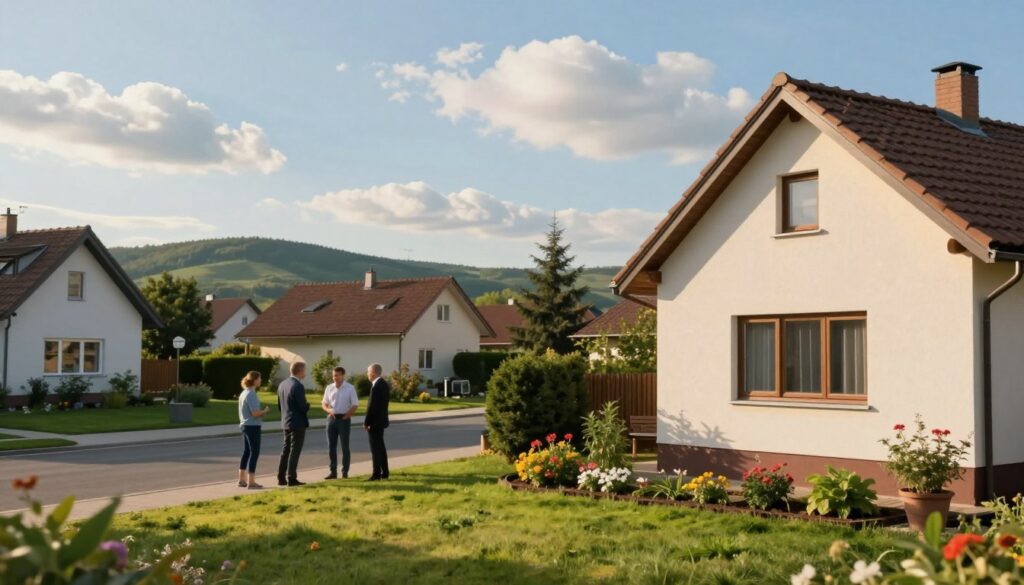A serene suburban landscape representing "Kukiz gdzie mieszka." In the foreground, a modest, tastefully designed house with a small garden showcasing colorful flowers and greenery, indicative of family life. Layered in the middle ground, a friendly neighborhood with well-kept lawns and a quiet street where a few people in professional business attire discuss casually. In the background, gentle hills under a bright blue sky with soft, fluffy clouds enhance the peaceful atmosphere. The lighting is warm and inviting, reminiscent of a late afternoon sun, casting soft shadows. The overall mood is calm and serene, reflecting a personal, domestic setting that contrasts with political life, inviting viewers to glimpse Kukiz's private world. A serene suburban landscape representing "Kukiz gdzie mieszka." In the foreground, a modest, tastefully designed house with a small garden showcasing colorful flowers and greenery, indicative of family life. Layered in the middle ground, a friendly neighborhood with well-kept lawns and a quiet street where a few people in professional business attire discuss casually. In the background, gentle hills under a bright blue sky with soft, fluffy clouds enhance the peaceful atmosphere. The lighting is warm and inviting, reminiscent of a late afternoon sun, casting soft shadows. The overall mood is calm and serene, reflecting a personal, domestic setting that contrasts with political life, inviting viewers to glimpse Kukiz's private world.
