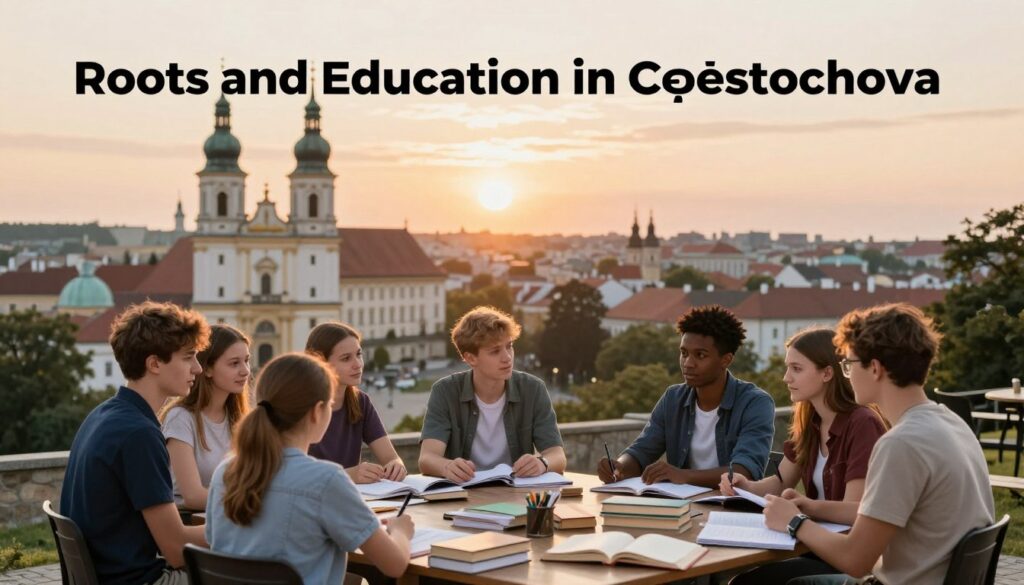 A serene view of Częstochowa, showcasing the rich history and educational spirit of the city. In the foreground, a group of diverse students, dressed in casual yet modest clothing, engage in a lively discussion, surrounded by books and educational materials. The middle ground features iconic landmarks of Częstochowa, such as the Jasna Góra Monastery, symbolizing Polish heritage and culture. The background is a soft-focus representation of the city's skyline under a warm sunset, casting a golden glow that enhances the scene's inviting atmosphere. The lighting is natural, with a focus on warm tones to create a feeling of community and connection, capturing the essence of "Roots and Education in Częstochowa."