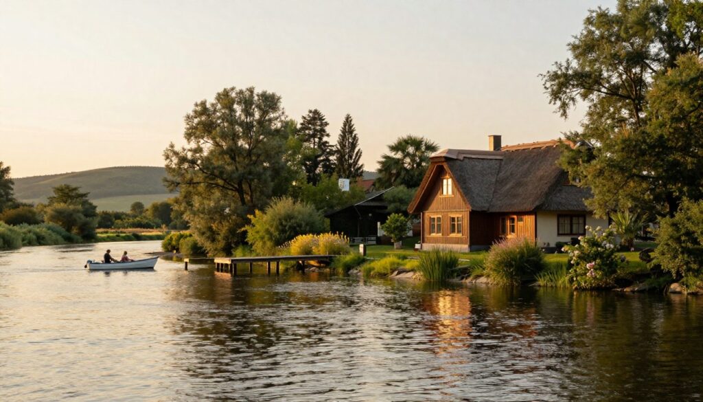 A serene view of a house by the Bug River in Podlasie, Poland, surrounded by lush greenery and tall trees. In the foreground, gentle ripples on the water reflect the warm golden hues of a late afternoon sun. The cozy wooden house features a thatched roof and large windows, blending harmoniously with nature. In the middle ground, a small wooden pier extends into the river, with a couple of fishing boats gently bobbing in the water. The background showcases soft hills, bathed in soft sunlight, with hints of wildflowers adding splashes of color. The atmosphere is calm and inviting, evoking a sense of tranquility and connection to nature. Capture this with soft lighting, a wide-angle lens, and a slightly elevated perspective to encompass the beauty of the landscape. A serene view of a house by the Bug River in Podlasie, Poland, surrounded by lush greenery and tall trees. In the foreground, gentle ripples on the water reflect the warm golden hues of a late afternoon sun. The cozy wooden house features a thatched roof and large windows, blending harmoniously with nature. In the middle ground, a small wooden pier extends into the river, with a couple of fishing boats gently bobbing in the water. The background showcases soft hills, bathed in soft sunlight, with hints of wildflowers adding splashes of color. The atmosphere is calm and inviting, evoking a sense of tranquility and connection to nature. Capture this with soft lighting, a wide-angle lens, and a slightly elevated perspective to encompass the beauty of the landscape.