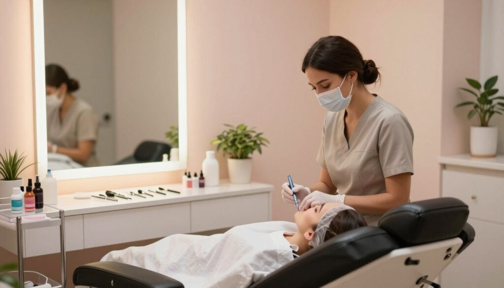 A serene, well-lit beauty salon interior showcasing a professional preparation area for a brow tattooing procedure. In the foreground, a certified beautician in stylish yet modest professional attire stands beside a reclining treatment chair, preparing an array of sanitized tools and pigments on a neatly arranged table. The middle ground features a large mirror reflecting soft, warm lighting, enhancing the inviting atmosphere. The background displays calming decor, such as pastel-colored walls and decorative plants, contributing to a relaxing ambiance. Capture the scene from a slightly elevated perspective to emphasize both the beautician's meticulous preparation process and the peaceful environment, evoking a sense of professionalism and care in the beauty experience. A serene, well-lit beauty salon interior showcasing a professional preparation area for a brow tattooing procedure. In the foreground, a certified beautician in stylish yet modest professional attire stands beside a reclining treatment chair, preparing an array of sanitized tools and pigments on a neatly arranged table. The middle ground features a large mirror reflecting soft, warm lighting, enhancing the inviting atmosphere. The background displays calming decor, such as pastel-colored walls and decorative plants, contributing to a relaxing ambiance. Capture the scene from a slightly elevated perspective to emphasize both the beautician's meticulous preparation process and the peaceful environment, evoking a sense of professionalism and care in the beauty experience.