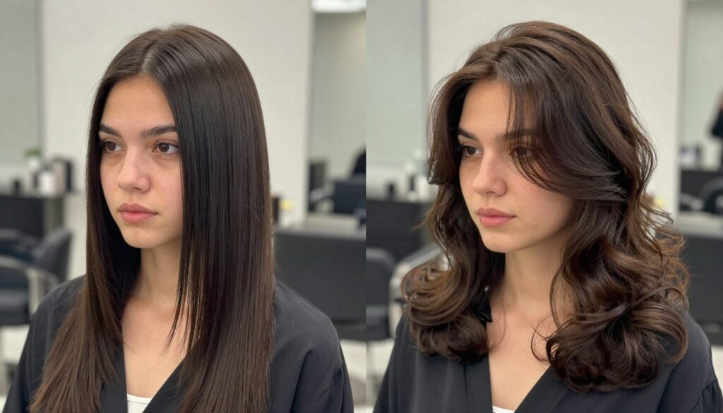 A side-by-side comparison of two women, each showcasing different hairstyles: on the left, a middle part hairstyle with sleek, straight hair that frames the face elegantly, and on the right, a side part hairstyle featuring soft waves that adds volume and texture. The foreground captures their faces and hairstyles in close-up, revealing the contrast in styles. In the middle, there should be subtle highlights reflecting soft, natural light that enhances the texture of their hair. The background is a blurred modern salon interior, complementing the professional atmosphere. The mood is informative and stylish, aimed at showcasing the beauty and versatility of both hairstyles. Suitable for a fashion article, ensuring both individuals are dressed in chic, modest clothing. A side-by-side comparison of two women, each showcasing different hairstyles: on the left, a middle part hairstyle with sleek, straight hair that frames the face elegantly, and on the right, a side part hairstyle featuring soft waves that adds volume and texture. The foreground captures their faces and hairstyles in close-up, revealing the contrast in styles. In the middle, there should be subtle highlights reflecting soft, natural light that enhances the texture of their hair. The background is a blurred modern salon interior, complementing the professional atmosphere. The mood is informative and stylish, aimed at showcasing the beauty and versatility of both hairstyles. Suitable for a fashion article, ensuring both individuals are dressed in chic, modest clothing.