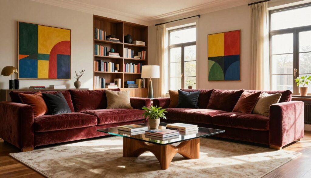 A sophisticated interior filled with art and style, showcasing a beautifully designed living room. In the foreground, a large, plush sofa in a rich velvet fabric with elegant throw pillows. On the walls, striking modern art pieces in bold colors create a vibrant atmosphere. A stylish coffee table made of glass and polished wood sits atop a luxurious area rug, with art books and a small potted plant adorning it. In the background, tall bookshelves filled with curated art books and decorative items, along with large windows letting in warm, natural light. Soft shadows create a cozy ambiance, evoking a sense of refined elegance and creativity. Capture this scene using a wide-angle lens to emphasize depth and spaciousness, maintaining a balanced composition. A sophisticated interior filled with art and style, showcasing a beautifully designed living room. In the foreground, a large, plush sofa in a rich velvet fabric with elegant throw pillows. On the walls, striking modern art pieces in bold colors create a vibrant atmosphere. A stylish coffee table made of glass and polished wood sits atop a luxurious area rug, with art books and a small potted plant adorning it. In the background, tall bookshelves filled with curated art books and decorative items, along with large windows letting in warm, natural light. Soft shadows create a cozy ambiance, evoking a sense of refined elegance and creativity. Capture this scene using a wide-angle lens to emphasize depth and spaciousness, maintaining a balanced composition.