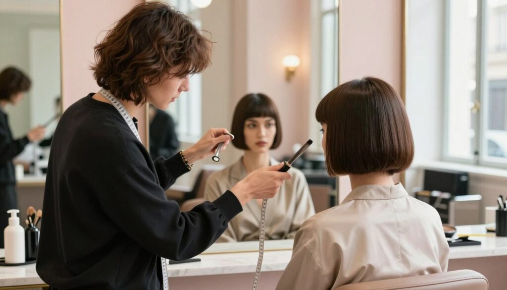 A stylish Parisian salon setting featuring a hair stylist working with a client, showcasing the French bob hairstyle. The foreground features the stylist, dressed in chic professional attire, analyzing the client's face shape with a measuring tape, while the client, modestly dressed, looks thoughtfully at her reflection. In the middle, a mirror captures the essence of the French bob haircut, emphasizing its elegant lines. The background is subtly decorated with soft pastel colors and stylish salon decor, adding a light and airy atmosphere. Natural lighting filters through large windows, casting gentle shadows that enhance the textures of hair and clothing. The scene feels sophisticated and transformative, inviting viewers into the art of hair design tailored to face shapes. A stylish Parisian salon setting featuring a hair stylist working with a client, showcasing the French bob hairstyle. The foreground features the stylist, dressed in chic professional attire, analyzing the client's face shape with a measuring tape, while the client, modestly dressed, looks thoughtfully at her reflection. In the middle, a mirror captures the essence of the French bob haircut, emphasizing its elegant lines. The background is subtly decorated with soft pastel colors and stylish salon decor, adding a light and airy atmosphere. Natural lighting filters through large windows, casting gentle shadows that enhance the textures of hair and clothing. The scene feels sophisticated and transformative, inviting viewers into the art of hair design tailored to face shapes.