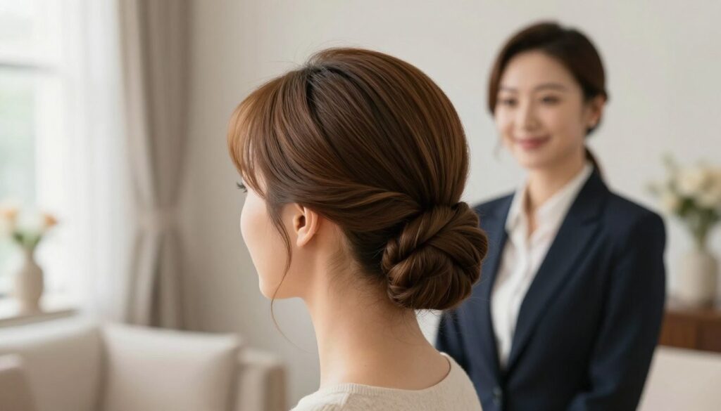 A stylish and elegant “kok banan” hairstyle displayed prominently in a well-lit, softly blurred indoor setting. The hairstyle, resembling a chic banana shape, features smooth, sleek hair neatly pinned up, exuding sophistication. In the foreground, focus on the intricate details of the hairstyle, showing the texture of the hair and the gentle twists and turns. The middle ground includes a model dressed in professional business attire, displaying a graceful pose that highlights the hairstyle, with her face exhibiting a gentle smile. The background features a tastefully decorated interior, filled with soft, natural light filtering through a window, creating a warm and inviting atmosphere. The image conveys a sense of elegance and refinement suitable for a special occasion. A stylish and elegant “kok banan” hairstyle displayed prominently in a well-lit, softly blurred indoor setting. The hairstyle, resembling a chic banana shape, features smooth, sleek hair neatly pinned up, exuding sophistication. In the foreground, focus on the intricate details of the hairstyle, showing the texture of the hair and the gentle twists and turns. The middle ground includes a model dressed in professional business attire, displaying a graceful pose that highlights the hairstyle, with her face exhibiting a gentle smile. The background features a tastefully decorated interior, filled with soft, natural light filtering through a window, creating a warm and inviting atmosphere. The image conveys a sense of elegance and refinement suitable for a special occasion.