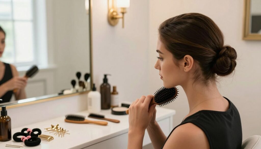 A stylish and modern bathroom setting featuring a young woman preparing her hair for a sleek bun hairstyle. In the foreground, she is seated at a vanity, using a brush and hairpins, with a focused expression. The middle ground showcases various hair accessories like hair ties, bobby pins, and a comb neatly arranged on the vanity. In the background, soft, natural light pours in through a window, illuminating the space and creating a warm, inviting atmosphere. The walls are adorned with elegant decor, complementing the stylish and professional vibe. The camera angle captures a close-up of the woman from the side, highlighting the elegance of her hair preparation process. A stylish and modern bathroom setting featuring a young woman preparing her hair for a sleek bun hairstyle. In the foreground, she is seated at a vanity, using a brush and hairpins, with a focused expression. The middle ground showcases various hair accessories like hair ties, bobby pins, and a comb neatly arranged on the vanity. In the background, soft, natural light pours in through a window, illuminating the space and creating a warm, inviting atmosphere. The walls are adorned with elegant decor, complementing the stylish and professional vibe. The camera angle captures a close-up of the woman from the side, highlighting the elegance of her hair preparation process.