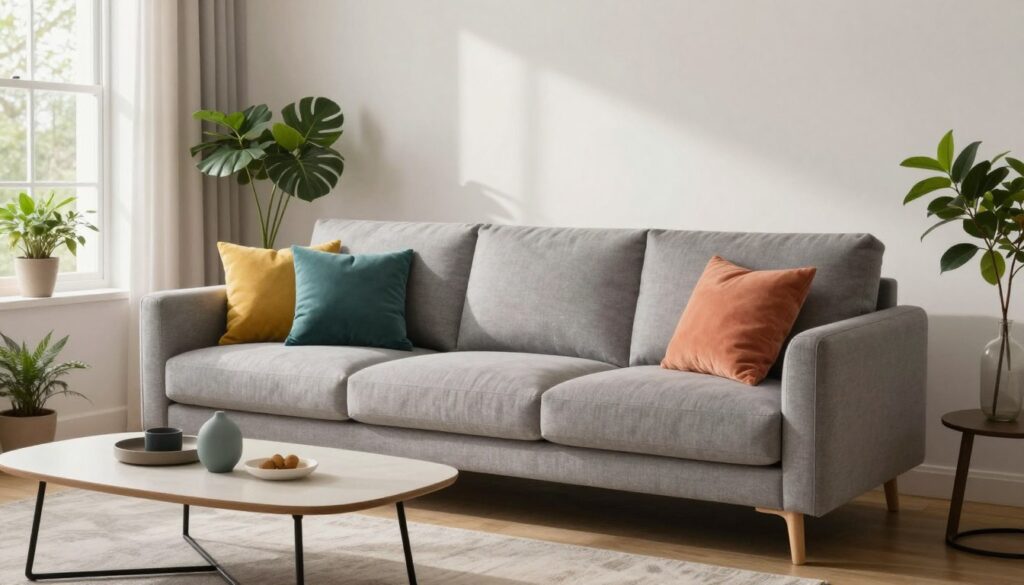 A stylish and modern living room featuring a soft gray sofa as the centerpiece, surrounded by accent pillows in complementary colors such as teal, mustard yellow, and coral. In the foreground, a sleek coffee table with a minimalist design is adorned with a few decorative items, adding a touch of personality. The walls are painted in a warm off-white to create a cozy atmosphere, while large windows allow natural light to flood the space, casting gentle shadows. Potted green plants are strategically positioned to add freshness and liveliness. The overall mood is inviting and harmonious, showcasing successful color combinations that enhance the gray elements, with a warm and welcoming ambiance. The perspective is slightly angled to capture the depth of the room. A stylish and modern living room featuring a soft gray sofa as the centerpiece, surrounded by accent pillows in complementary colors such as teal, mustard yellow, and coral. In the foreground, a sleek coffee table with a minimalist design is adorned with a few decorative items, adding a touch of personality. The walls are painted in a warm off-white to create a cozy atmosphere, while large windows allow natural light to flood the space, casting gentle shadows. Potted green plants are strategically positioned to add freshness and liveliness. The overall mood is inviting and harmonious, showcasing successful color combinations that enhance the gray elements, with a warm and welcoming ambiance. The perspective is slightly angled to capture the depth of the room.