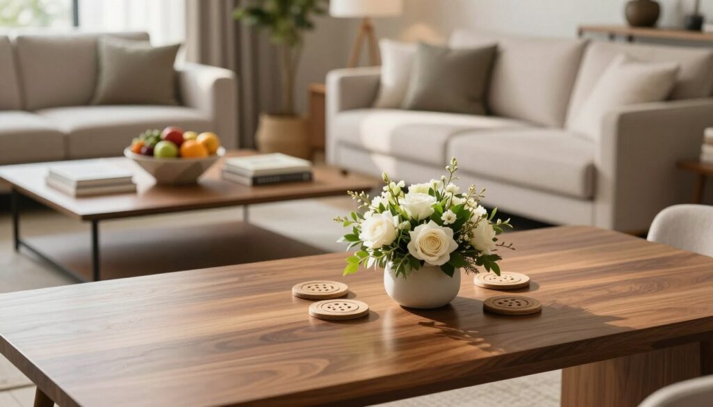 A stylish and practical living room table set-up, showcasing an elegant balance in decor. The foreground features a polished wooden table adorned with a tasteful centerpiece of a low arrangement of fresh flowers in a minimalist vase, surrounded by decorative coasters. In the middle, slightly blurred, are a few carefully placed coffee table books and a modern geometric fruit bowl overflowing with colorful seasonal fruits. The background presents a soft-focus view of a warm, inviting living room with cozy lighting, where sunlight filters through sheer curtains, accentuating the tranquility of the space. A neutral color palette with hints of greenery creates a serene atmosphere, inviting relaxation and conversation. The image is captured from a slightly elevated angle, emphasizing the table’s arrangement. No text or distractions present. A stylish and practical living room table set-up, showcasing an elegant balance in decor. The foreground features a polished wooden table adorned with a tasteful centerpiece of a low arrangement of fresh flowers in a minimalist vase, surrounded by decorative coasters. In the middle, slightly blurred, are a few carefully placed coffee table books and a modern geometric fruit bowl overflowing with colorful seasonal fruits. The background presents a soft-focus view of a warm, inviting living room with cozy lighting, where sunlight filters through sheer curtains, accentuating the tranquility of the space. A neutral color palette with hints of greenery creates a serene atmosphere, inviting relaxation and conversation. The image is captured from a slightly elevated angle, emphasizing the table’s arrangement. No text or distractions present.