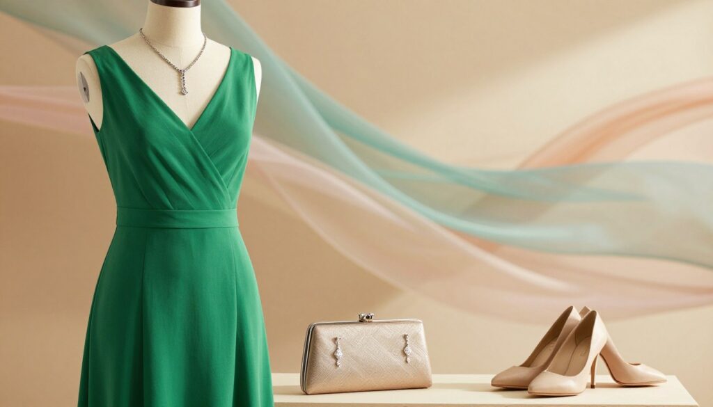 A stylish arrangement featuring a vibrant green dress elegantly displayed on a mannequin in the foreground, paired with carefully selected accessories. Include a delicate silver necklace and matching earrings, a chic clutch purse, and complementary high-heeled shoes. In the middle ground, showcase a soft, blurred backdrop of flowing fabric in pastel shades, enhancing the green tones of the dress. The lighting should be warm and inviting, with a focus on creating gentle shadows to accentuate the textures of the accessories. Use a shallow depth of field to keep the attention on the outfit while maintaining a dreamy atmosphere, perfect for a fashion setting. A stylish arrangement featuring a vibrant green dress elegantly displayed on a mannequin in the foreground, paired with carefully selected accessories. Include a delicate silver necklace and matching earrings, a chic clutch purse, and complementary high-heeled shoes. In the middle ground, showcase a soft, blurred backdrop of flowing fabric in pastel shades, enhancing the green tones of the dress. The lighting should be warm and inviting, with a focus on creating gentle shadows to accentuate the textures of the accessories. Use a shallow depth of field to keep the attention on the outfit while maintaining a dreamy atmosphere, perfect for a fashion setting.