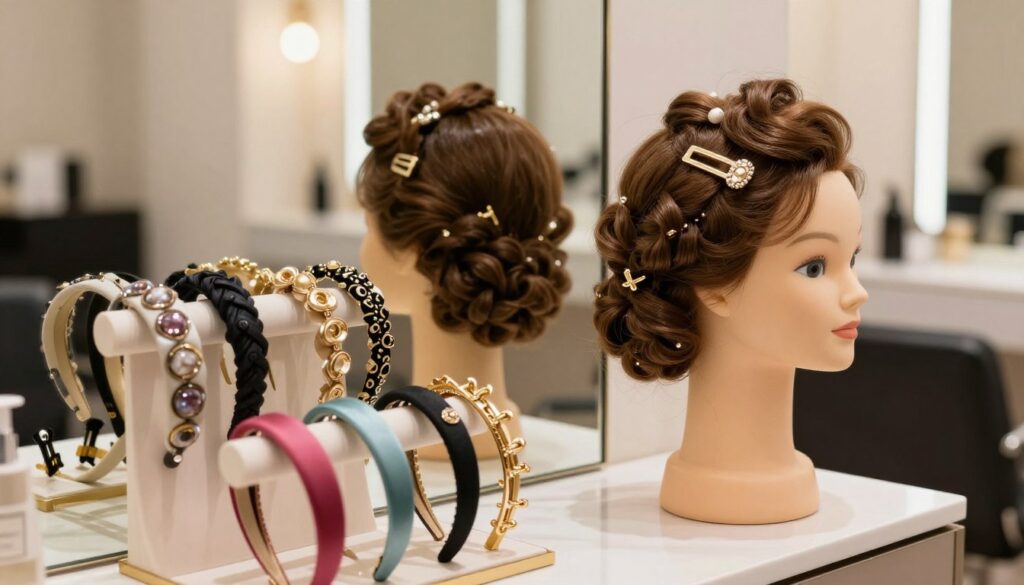 A stylish arrangement of "bubble hairstyle" hair accessories on a decorative display stand. In the foreground, focus on a variety of chic hair clips and headbands, featuring vibrant colors and elegant designs that complement a bubble hairstyle. In the middle, showcase a mannequin head wearing a perfectly styled bubble hairstyle adorned with these accessories, emphasizing texture and volume. In the background, create a soft-focus of a modern salon setting, with warm, inviting lighting that casts subtle shadows, enhancing the elegance of the scene. Aim for a fresh, fashionable atmosphere that inspires creativity and confidence in everyday styling, shot from a slight angle to capture dimension. No text or logos present. A stylish arrangement of "bubble hairstyle" hair accessories on a decorative display stand. In the foreground, focus on a variety of chic hair clips and headbands, featuring vibrant colors and elegant designs that complement a bubble hairstyle. In the middle, showcase a mannequin head wearing a perfectly styled bubble hairstyle adorned with these accessories, emphasizing texture and volume. In the background, create a soft-focus of a modern salon setting, with warm, inviting lighting that casts subtle shadows, enhancing the elegance of the scene. Aim for a fresh, fashionable atmosphere that inspires creativity and confidence in everyday styling, shot from a slight angle to capture dimension. No text or logos present.