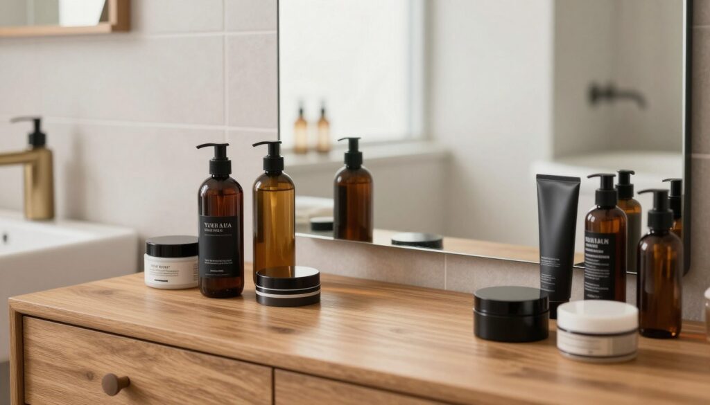 A stylish arrangement of grooming products designed specifically for short hair, including various bottles and pots of pomade, gel, and styling cream. The foreground features a sleek, modern wooden vanity table with the cosmetics in an organized layout. In the middle, a high-quality mirror reflects the grooming products, creating a sense of depth and focus. The background includes soft-focus elements of a contemporary bathroom, with stylish tile and minimalistic décor that enhance the polished atmosphere. Warm, natural lighting creates an inviting and vibrant mood. The angle should be slightly above eye level to capture both the products and the reflective surface effectively, emphasizing the theme of men's grooming for short hairstyles.