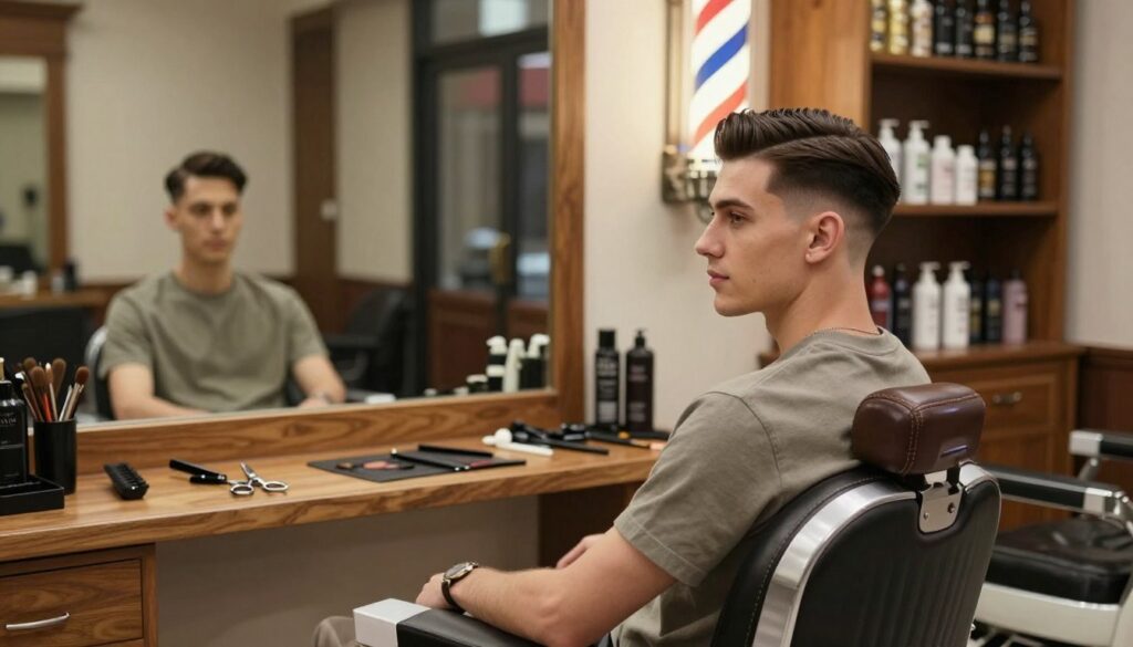 A stylish barber shop interior showcasing a "clavi cut," featuring a well-groomed model with short hair styled in this contemporary cut. The model, dressed in modest, professional attire, is seated in a vintage barber chair, looking confident and relaxed. In the foreground, the barber's tools, such as scissors and combs, are neatly arranged on a wooden countertop. The middle ground highlights a large mirror reflecting the model and soft lighting that gives a warm, inviting ambiance. The background displays vintage barber pole and polished wooden shelves filled with hair products. The overall mood is modern, welcoming, and refined, emphasizing the elegance of this particular hairstyle. A stylish barber shop interior showcasing a "clavi cut," featuring a well-groomed model with short hair styled in this contemporary cut. The model, dressed in modest, professional attire, is seated in a vintage barber chair, looking confident and relaxed. In the foreground, the barber's tools, such as scissors and combs, are neatly arranged on a wooden countertop. The middle ground highlights a large mirror reflecting the model and soft lighting that gives a warm, inviting ambiance. The background displays vintage barber pole and polished wooden shelves filled with hair products. The overall mood is modern, welcoming, and refined, emphasizing the elegance of this particular hairstyle.