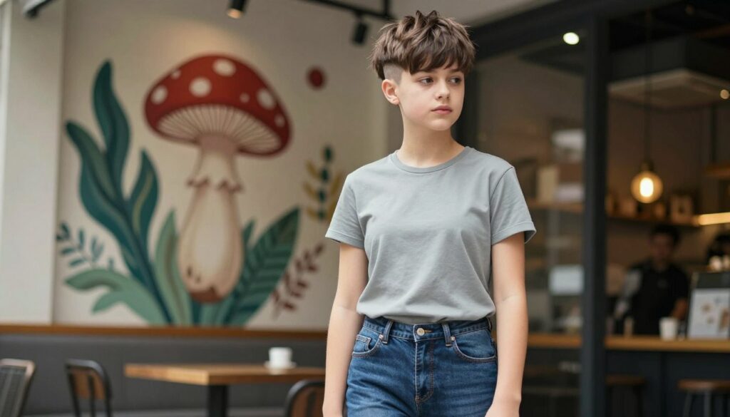 A stylish boy with a modern mushroom haircut stands confidently in a chic urban setting. His hair features a smooth, layered cut that frames his face, with a slightly tousled appearance for a trendy vibe. The boy is wearing a smart casual outfit, consisting of a fitted t-shirt and tailored jeans, adding to the contemporary feel. The background showcases a stylish café with artistic wall murals and soft natural lighting, creating a warm and inviting atmosphere. The angle of the shot is slightly from below, emphasizing his hairstyle while capturing the vibrant surroundings. The overall mood is youthful, fresh, and lively, perfect for showcasing modern interpretations of the classic mushroom haircut. A stylish boy with a modern mushroom haircut stands confidently in a chic urban setting. His hair features a smooth, layered cut that frames his face, with a slightly tousled appearance for a trendy vibe. The boy is wearing a smart casual outfit, consisting of a fitted t-shirt and tailored jeans, adding to the contemporary feel. The background showcases a stylish café with artistic wall murals and soft natural lighting, creating a warm and inviting atmosphere. The angle of the shot is slightly from below, emphasizing his hairstyle while capturing the vibrant surroundings. The overall mood is youthful, fresh, and lively, perfect for showcasing modern interpretations of the classic mushroom haircut.