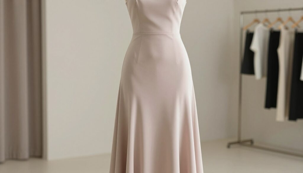 A stylish, elegant dress designed to create a slimming effect on a petite figure, showcased on a mannequin against a soft, neutral background. The dress features a fitted bodice with a gently flowing skirt that falls just below the knee, enhancing the silhouette while providing a sense of lightness. Natural lighting highlights the fabric's texture, creating soft shadows that accentuate the waist. The composition captures a slightly elevated angle, emphasizing the dress's length and flow. In the background, a blurred out dressing room setting evokes a sophisticated, fashion-focused ambiance, inviting the viewer to appreciate the importance of dress length in creating an elongated appearance. The overall mood is refined and fashionable, perfect for upcoming trends in women's wear. A stylish, elegant dress designed to create a slimming effect on a petite figure, showcased on a mannequin against a soft, neutral background. The dress features a fitted bodice with a gently flowing skirt that falls just below the knee, enhancing the silhouette while providing a sense of lightness. Natural lighting highlights the fabric's texture, creating soft shadows that accentuate the waist. The composition captures a slightly elevated angle, emphasizing the dress's length and flow. In the background, a blurred out dressing room setting evokes a sophisticated, fashion-focused ambiance, inviting the viewer to appreciate the importance of dress length in creating an elongated appearance. The overall mood is refined and fashionable, perfect for upcoming trends in women's wear.