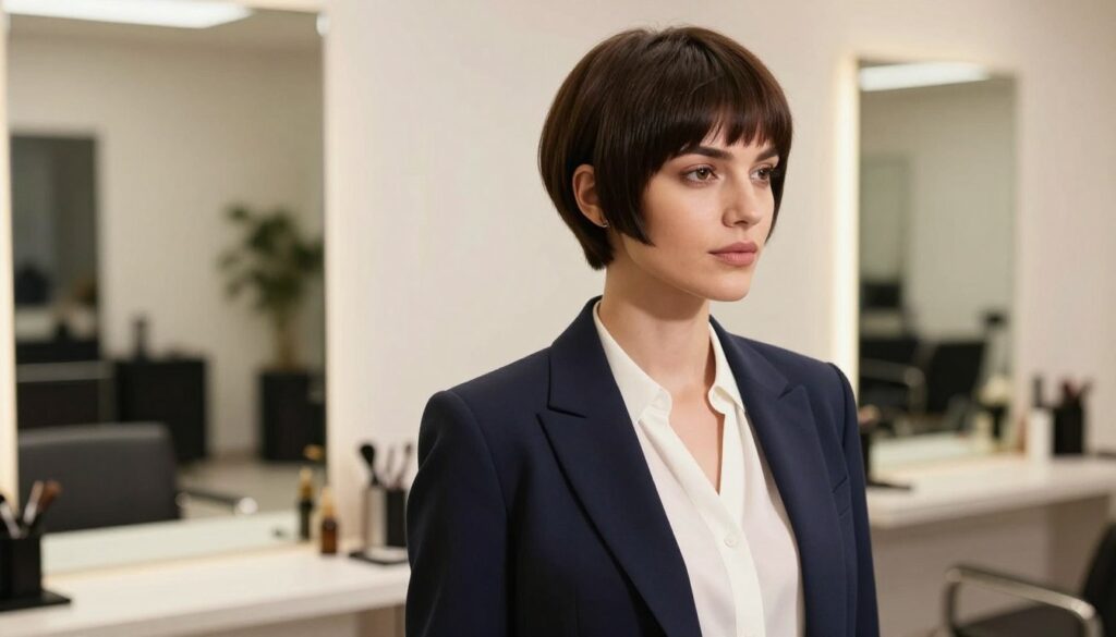 A stylish female model with a very short haircut, inspired by the "fryzura zapałkę" look, stands confidently in a well-lit modern salon. The haircut showcases sharp, defined edges, emphasizing the contours of her face. She is wearing professional business attire, consisting of a tailored blazer over a crisp blouse, presenting a polished appearance. The background features softly blurred salon elements, such as mirrors and styling tools, creating an inviting atmosphere. Soft, warm lighting highlights the model's facial features and the texture of her hair, while a slight angle captures her profile, allowing viewers to assess the suitability of this haircut for different face shapes. The mood is fresh, empowering, and stylish. A stylish female model with a very short haircut, inspired by the "fryzura zapałkę" look, stands confidently in a well-lit modern salon. The haircut showcases sharp, defined edges, emphasizing the contours of her face. She is wearing professional business attire, consisting of a tailored blazer over a crisp blouse, presenting a polished appearance. The background features softly blurred salon elements, such as mirrors and styling tools, creating an inviting atmosphere. Soft, warm lighting highlights the model's facial features and the texture of her hair, while a slight angle captures her profile, allowing viewers to assess the suitability of this haircut for different face shapes. The mood is fresh, empowering, and stylish.