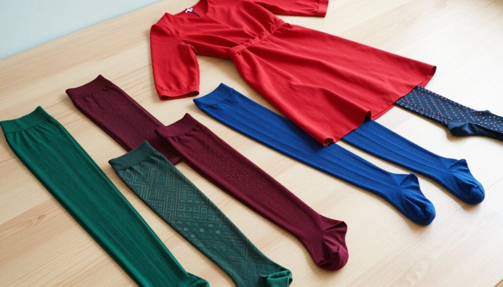 A stylish flat lay composition featuring a variety of alternative colored tights and unique patterns, artistically arranged on a light wooden surface. In the foreground, showcase tights in rich jewel tones like emerald green, deep burgundy, and royal blue, paired with subtle patterns such as polka dots, geometric shapes, and floral designs. The middle section should include a vibrant red dress elegantly draped to the side, harmonizing with the tights. The background features soft pastel colors to create a warm, welcoming atmosphere. Use natural lighting to highlight textures and colors, capturing a chic, trendy vibe. This composition should inspire ideas for fashionable pairings without any text or branding present. A stylish flat lay composition featuring a variety of alternative colored tights and unique patterns, artistically arranged on a light wooden surface. In the foreground, showcase tights in rich jewel tones like emerald green, deep burgundy, and royal blue, paired with subtle patterns such as polka dots, geometric shapes, and floral designs. The middle section should include a vibrant red dress elegantly draped to the side, harmonizing with the tights. The background features soft pastel colors to create a warm, welcoming atmosphere. Use natural lighting to highlight textures and colors, capturing a chic, trendy vibe. This composition should inspire ideas for fashionable pairings without any text or branding present.