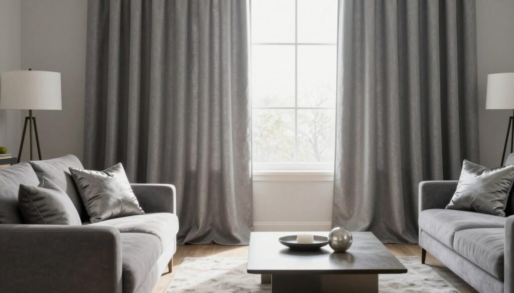 A stylish gray living room featuring elegant gray curtains that add depth and texture to the space. The foreground includes a plush gray sofa adorned with decorative pillows in varying shades of gray and silver. In the middle of the room, a chic coffee table sits on a soft area rug, blending seamlessly with the decor. The background shows a large window draped with the beautifully flowing curtains, allowing soft natural light to filter in, creating a warm, inviting atmosphere. The color palette is soothing, with shades of gray complemented by subtle hints of silver and white. The overall mood is modern and tranquil, emphasizing comfort and sophistication in the choice of curtains.
