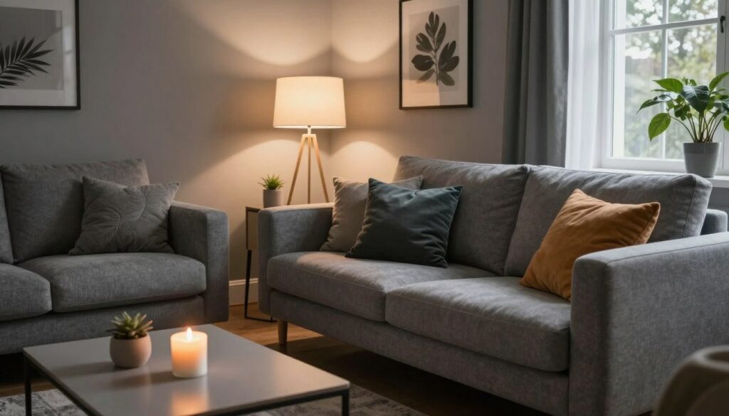A stylish gray living room featuring soft textures and inviting decor elements that evoke a cozy atmosphere. In the foreground, a plush, gray sofa adorned with colorful cushions provides a focal point. To the side, a sleek coffee table supports a soft, flickering candle. In the middle ground, a modern lamp with warm light illuminates the space, casting gentle shadows. Walls painted in a soothing gray tone are complemented by tasteful wall art and greenery. In the background, large windows allow natural light to softly fill the room, enhancing the intimate mood. Capture this scene from a slightly elevated angle, focusing on the interplay of light and shadow to create a warm, inviting ambiance perfect for relaxation. A stylish gray living room featuring soft textures and inviting decor elements that evoke a cozy atmosphere. In the foreground, a plush, gray sofa adorned with colorful cushions provides a focal point. To the side, a sleek coffee table supports a soft, flickering candle. In the middle ground, a modern lamp with warm light illuminates the space, casting gentle shadows. Walls painted in a soothing gray tone are complemented by tasteful wall art and greenery. In the background, large windows allow natural light to softly fill the room, enhancing the intimate mood. Capture this scene from a slightly elevated angle, focusing on the interplay of light and shadow to create a warm, inviting ambiance perfect for relaxation.