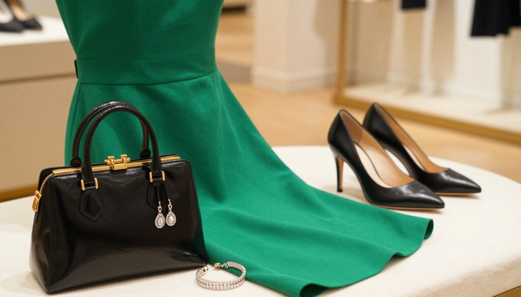 A stylish green dress represented elegantly on a mannequin, accompanied by a collection of chic accessories. The foreground features a glossy black handbag with gold accents, a delicate silver bracelet, and matching earrings, all positioned artfully around the dress. In the middle, a pair of trendy high-heeled shoes complement the ensemble, set on a soft white surface. The background is softly blurred, showcasing a hint of a boutique interior with warm, inviting lighting that emphasizes the lush green tones of the dress. The overall mood is sophisticated and fashionable, perfect for a refined occasion. Capture this scene with a slight overhead angle to highlight the details of the accessories, ensuring a harmonious composition. A stylish green dress represented elegantly on a mannequin, accompanied by a collection of chic accessories. The foreground features a glossy black handbag with gold accents, a delicate silver bracelet, and matching earrings, all positioned artfully around the dress. In the middle, a pair of trendy high-heeled shoes complement the ensemble, set on a soft white surface. The background is softly blurred, showcasing a hint of a boutique interior with warm, inviting lighting that emphasizes the lush green tones of the dress. The overall mood is sophisticated and fashionable, perfect for a refined occasion. Capture this scene with a slight overhead angle to highlight the details of the accessories, ensuring a harmonious composition.