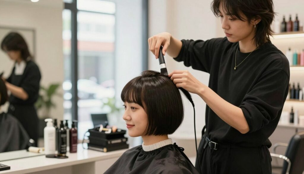 A stylish hair salon interior showcasing a professional hairstylist demonstrating advanced techniques for caring and styling bangs on a client. The hairstylist, dressed in chic business attire, is using high-quality tools and products, with a focus on their hands gently working on the client’s hair. The client has a fresh, short haircut with bangs, radiating confidence and satisfaction. Soft natural light filters in through large windows, creating a warm and inviting atmosphere. In the background, shelves lined with elegant hair care products are visible, enhancing the salon's professional ambiance. The scene captures a moment of expert care, celebrating the art of short hairstyles and bangs.