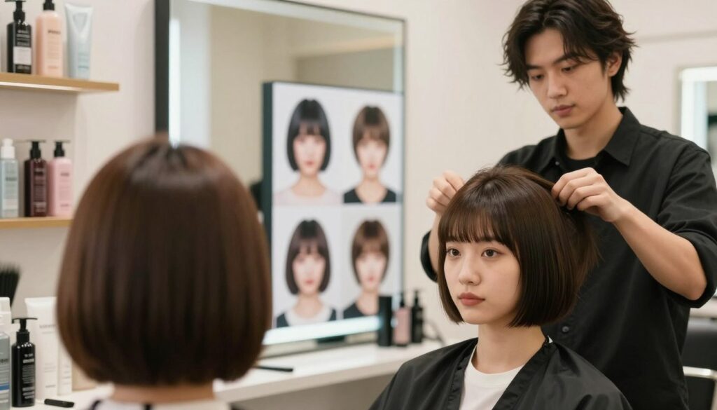 A stylish hair salon setting with a professional hairstylist showcasing different short hairstyles with bangs, tailored for various face shapes. In the foreground, a confident model with a round face is trying on a chic bob haircut with fringed bangs, reflecting a trendy look. In the middle, a stylish mirror displaying a selection of hairstyles, highlighting options for oval, square, and heart-shaped faces. The background features soft-focus hair products on shelves, bathed in natural light that enhances the warm, inviting atmosphere. Using a shallow depth of field to create a sense of intimacy, all subjects are dressed in professional and fashionable attire, ensuring a polished appearance that emphasizes the focus on haircuts and face shape compatibility.