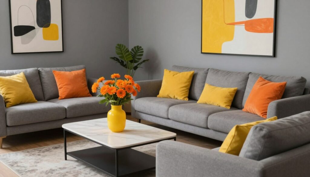A stylish interior scene featuring a modern living room designed in shades of gray, enhanced by vibrant accents of yellow and orange. In the foreground, a sleek gray sofa adorned with yellow and orange pillows adds a dynamic touch. The middle of the scene showcases a chic coffee table with a yellow vase filled with fresh orange flowers. The background reveals gray walls adorned with abstract art that incorporates yellow and orange hues, creating a harmonious blend. Soft, warm lighting illuminates the room, casting gentle shadows and creating an inviting atmosphere. The angle captures the layout from slightly above eye level, providing a clear view of the color combinations while maintaining an airy and energetic ambiance, emphasizing the lively interaction between the accents and the gray base. A stylish interior scene featuring a modern living room designed in shades of gray, enhanced by vibrant accents of yellow and orange. In the foreground, a sleek gray sofa adorned with yellow and orange pillows adds a dynamic touch. The middle of the scene showcases a chic coffee table with a yellow vase filled with fresh orange flowers. The background reveals gray walls adorned with abstract art that incorporates yellow and orange hues, creating a harmonious blend. Soft, warm lighting illuminates the room, casting gentle shadows and creating an inviting atmosphere. The angle captures the layout from slightly above eye level, providing a clear view of the color combinations while maintaining an airy and energetic ambiance, emphasizing the lively interaction between the accents and the gray base.