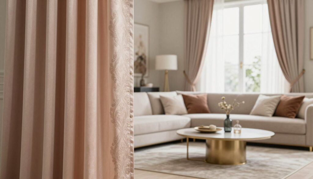A stylish living room featuring a beautifully designed curtain rod, harmonizing with the overall interior decor. In the foreground, the elegant curtain rod showcases intricate patterns, complemented by luxurious, flowing curtains in soft, warm hues. The middle ground reveals a modern sofa and chic coffee table, enhancing the aesthetic with a mix of contemporary and classic elements. The background should illustrate a tastefully designed window with ample natural light filtering in, creating a bright and inviting atmosphere. Use soft, diffused lighting to enhance the textures and colors. The scene should evoke a sense of comfort and sophistication, ideal for a stylish home interior. A stylish living room featuring a beautifully designed curtain rod, harmonizing with the overall interior decor. In the foreground, the elegant curtain rod showcases intricate patterns, complemented by luxurious, flowing curtains in soft, warm hues. The middle ground reveals a modern sofa and chic coffee table, enhancing the aesthetic with a mix of contemporary and classic elements. The background should illustrate a tastefully designed window with ample natural light filtering in, creating a bright and inviting atmosphere. Use soft, diffused lighting to enhance the textures and colors. The scene should evoke a sense of comfort and sophistication, ideal for a stylish home interior.