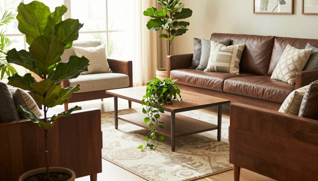 A stylish living room featuring dark wood furniture, such as a modern sofa and elegant coffee table. In the foreground, lush green houseplants, like a tall fiddle leaf fig and a cascading pothos, add vibrant color and a touch of nature. The middle layer showcases patterned throw pillows and a soft area rug, enhancing the cozy ambiance. The background includes large windows allowing warm natural light to flood the room, creating a bright and inviting atmosphere. The scene is captured with a slight tilt-up angle, emphasizing the interplay of shadows and light. Use soft, diffused lighting to evoke a calm and serene mood, while maintaining a contemporary aesthetic. No text, logos, or watermarks should be present. A stylish living room featuring dark wood furniture, such as a modern sofa and elegant coffee table. In the foreground, lush green houseplants, like a tall fiddle leaf fig and a cascading pothos, add vibrant color and a touch of nature. The middle layer showcases patterned throw pillows and a soft area rug, enhancing the cozy ambiance. The background includes large windows allowing warm natural light to flood the room, creating a bright and inviting atmosphere. The scene is captured with a slight tilt-up angle, emphasizing the interplay of shadows and light. Use soft, diffused lighting to evoke a calm and serene mood, while maintaining a contemporary aesthetic. No text, logos, or watermarks should be present.