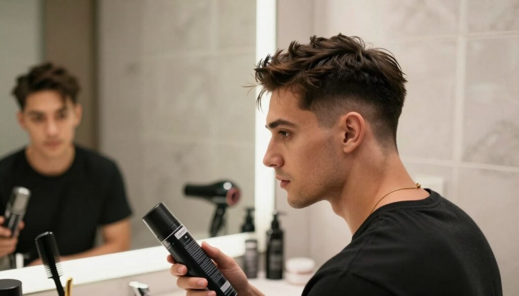 A stylish male model with a fresh undercut hairstyle stands in a well-lit, contemporary bathroom. The foreground features the model, slightly turned to showcase the sharp contrast of the short sides and longer top. In his hand, he holds a hair styling product, suggesting he's in the process of finishing his look. The middle ground reveals a sleek mirror reflecting various hair styling tools neatly arranged on a countertop, such as a comb, hairdryer, and pomade. The background is softly blurred, hinting at elegant bathroom tiles and soft ambient lighting that creates a sophisticated atmosphere. The overall mood is one of confidence and professionalism, emphasizing modern grooming techniques for men.