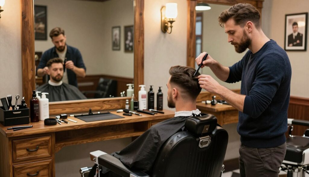 A stylish men's barber shop setting, focusing on a well-groomed man preparing for his haircut. In the foreground, the man stands in front of a large mirror, examining his hair and facial hair with a grooming comb in hand, dressed in a smart casual outfit. In the middle, a barber's chair is prominently displayed, surrounded by various grooming tools, including scissors, clippers, and hair products neatly organized on a wooden shelf. The background features warm, ambient lighting that creates a cozy and inviting atmosphere, with vintage barber shop decor, such as framed photographs and wooden styling stations. The overall mood is one of anticipation and self-care, highlighting the excitement of preparing for a fresh new hairstyle. A stylish men's barber shop setting, focusing on a well-groomed man preparing for his haircut. In the foreground, the man stands in front of a large mirror, examining his hair and facial hair with a grooming comb in hand, dressed in a smart casual outfit. In the middle, a barber's chair is prominently displayed, surrounded by various grooming tools, including scissors, clippers, and hair products neatly organized on a wooden shelf. The background features warm, ambient lighting that creates a cozy and inviting atmosphere, with vintage barber shop decor, such as framed photographs and wooden styling stations. The overall mood is one of anticipation and self-care, highlighting the excitement of preparing for a fresh new hairstyle.