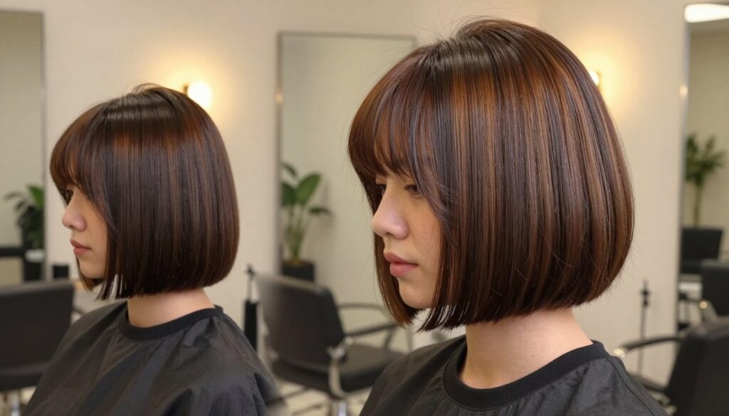A stylish, modern interpretation of the "mushroom bob" hairstyle, showcasing the trendiest variations. In the foreground, a female model with sleek, shiny hair has a elegantly shaped mushroom bob, with smooth lines and a shiny finish. Her hair features a blend of shades, highlighting texture and movement, styled professionally to emphasize its chic shape. In the middle, a cozy salon environment is visible, with soft, warm lighting that casts gentle shadows, enhancing the hair's luster. In the background, subtle decor elements like mirrors and plants create a calming atmosphere. The mood is fashionable and sophisticated, perfect for illustrating contemporary hair trends. The model is dressed in a stylish, modest outfit, showcasing confidence and elegance without distractions. A stylish, modern interpretation of the "mushroom bob" hairstyle, showcasing the trendiest variations. In the foreground, a female model with sleek, shiny hair has a elegantly shaped mushroom bob, with smooth lines and a shiny finish. Her hair features a blend of shades, highlighting texture and movement, styled professionally to emphasize its chic shape. In the middle, a cozy salon environment is visible, with soft, warm lighting that casts gentle shadows, enhancing the hair's luster. In the background, subtle decor elements like mirrors and plants create a calming atmosphere. The mood is fashionable and sophisticated, perfect for illustrating contemporary hair trends. The model is dressed in a stylish, modest outfit, showcasing confidence and elegance without distractions.
