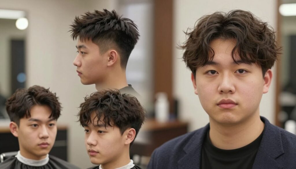 A stylish modern male with a round face, showcasing various haircuts ideal for this face shape. In the foreground, capture the subject with a confident expression, dressed in smart casual attire, with a soft focus on the hair. In the middle ground, highlight different hairstyles such as a textured crop, side part, and longer tousled styles that enhance the round face. The background features a softly blurred barbershop environment with warm lighting to create a welcoming and relaxed atmosphere. Use natural light for a soft glow, and consider a slight upward angle to emphasize the hairstyles. The overall mood is stylish and approachable, perfect for illustrating ideal haircuts for round faces. A stylish modern male with a round face, showcasing various haircuts ideal for this face shape. In the foreground, capture the subject with a confident expression, dressed in smart casual attire, with a soft focus on the hair. In the middle ground, highlight different hairstyles such as a textured crop, side part, and longer tousled styles that enhance the round face. The background features a softly blurred barbershop environment with warm lighting to create a welcoming and relaxed atmosphere. Use natural light for a soft glow, and consider a slight upward angle to emphasize the hairstyles. The overall mood is stylish and approachable, perfect for illustrating ideal haircuts for round faces.