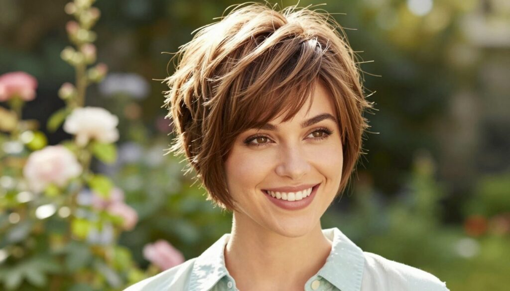 A stylish pixie cut designed for fine hair, showcasing light, airy layers that create volume. The model has a bright smile, exuding confidence and charm, set against a softly blurred garden background filled with delicate flowers and lush greenery. The lighting is warm and natural, highlighting the texture of the hair, while a close-up perspective from slightly above captures the elegant contours of the hairstyle. The atmosphere is cheerful and refreshing, embodying a sense of ease and liveliness, perfect for a casual yet polished look. The model’s attire is a modest, pastel-colored shirt that compliments the softness of the hairstyle, creating a harmonious aesthetic without distractions. A stylish pixie cut designed for fine hair, showcasing light, airy layers that create volume. The model has a bright smile, exuding confidence and charm, set against a softly blurred garden background filled with delicate flowers and lush greenery. The lighting is warm and natural, highlighting the texture of the hair, while a close-up perspective from slightly above captures the elegant contours of the hairstyle. The atmosphere is cheerful and refreshing, embodying a sense of ease and liveliness, perfect for a casual yet polished look. The model’s attire is a modest, pastel-colored shirt that compliments the softness of the hairstyle, creating a harmonious aesthetic without distractions.