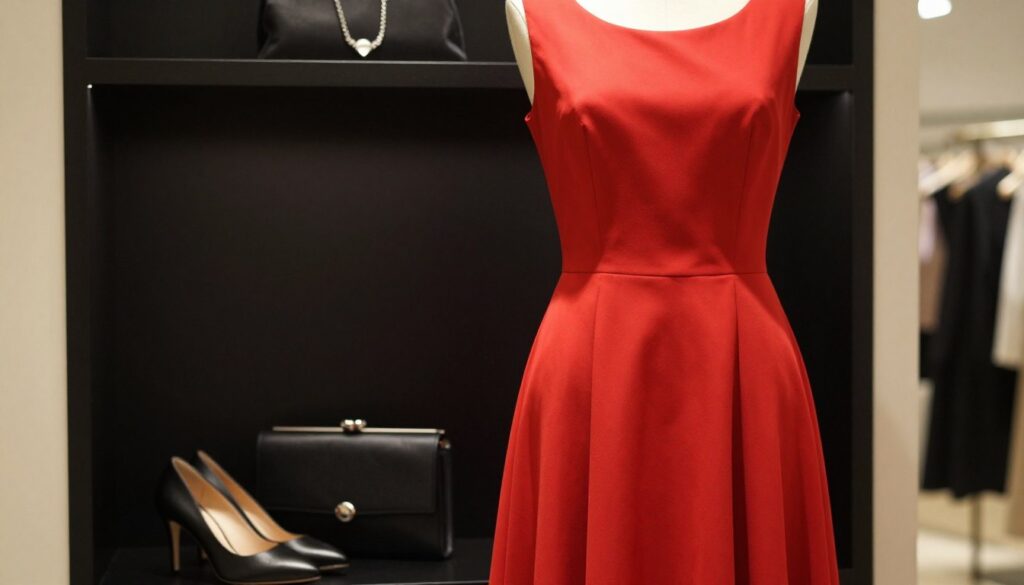 A stylish red dress elegantly draped on a mannequin, showcasing its vibrant hue against a chic black backdrop. The dress features a classic silhouette with a fitted bodice and flowing skirt, capturing the essence of sophistication. Surrounding the dress are complementary black accessories—a sleek clutch, a pair of elegant high-heeled shoes, and subtle jewelry pieces. Soft, warm lighting highlights the textures of the fabric, creating a polished, inviting atmosphere. The scene is designed with a shallow depth of field, drawing attention to the dress while softly blurring the background, which subtly hints at a posh boutique setting. The mood is refined and classy, perfect for illustrating a fashion-oriented theme on elegant styling combinations. A stylish red dress elegantly draped on a mannequin, showcasing its vibrant hue against a chic black backdrop. The dress features a classic silhouette with a fitted bodice and flowing skirt, capturing the essence of sophistication. Surrounding the dress are complementary black accessories—a sleek clutch, a pair of elegant high-heeled shoes, and subtle jewelry pieces. Soft, warm lighting highlights the textures of the fabric, creating a polished, inviting atmosphere. The scene is designed with a shallow depth of field, drawing attention to the dress while softly blurring the background, which subtly hints at a posh boutique setting. The mood is refined and classy, perfect for illustrating a fashion-oriented theme on elegant styling combinations.