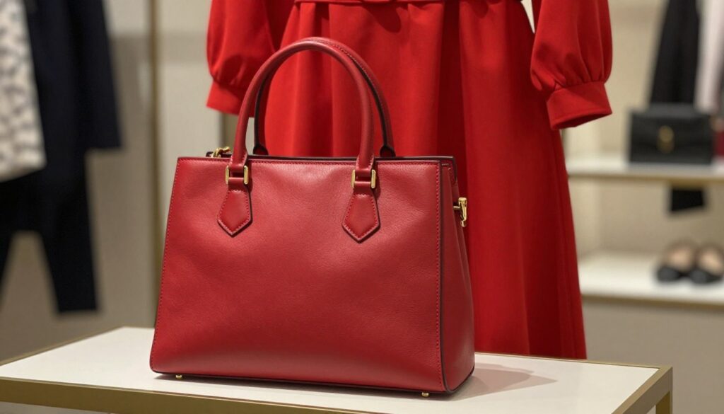 A stylish red handbag positioned elegantly in the foreground of the image, showcasing its sleek design and luxurious materials, such as leather or suede. The bag should feature gold hardware and delicate stitching, reflecting sophistication. In the middle ground, a vibrant red dress hangs gracefully on a mannequin or a hanger, emphasizing the connection between the bag and the outfit. The background is softly blurred, with hints of a chic boutique setting, dressed in muted colors to enhance the focus on the handbag and dress. The lighting is warm and inviting, casting a soft glow on the handbag, creating an atmosphere of elegance and refinement. The angle is slightly elevated to capture the rich textures and details of both the handbag and the dress harmoniously. A stylish red handbag positioned elegantly in the foreground of the image, showcasing its sleek design and luxurious materials, such as leather or suede. The bag should feature gold hardware and delicate stitching, reflecting sophistication. In the middle ground, a vibrant red dress hangs gracefully on a mannequin or a hanger, emphasizing the connection between the bag and the outfit. The background is softly blurred, with hints of a chic boutique setting, dressed in muted colors to enhance the focus on the handbag and dress. The lighting is warm and inviting, casting a soft glow on the handbag, creating an atmosphere of elegance and refinement. The angle is slightly elevated to capture the rich textures and details of both the handbag and the dress harmoniously.