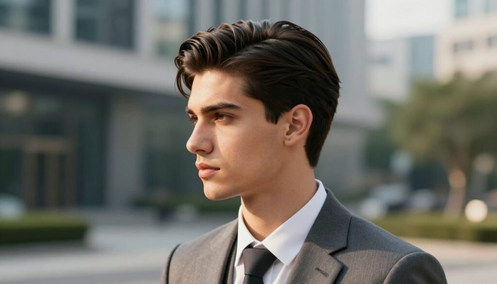 A stylish side part hairstyle on a young man with neatly combed dark hair, showcasing the classic cut and sophisticated styling. The foreground features his face in a three-quarters profile, focusing on the defined silhouette and clean lines of the hairstyle. In the middle, a sleek and professional look is complemented by a well-fitted, modern business suit in muted colors, giving an air of confidence. The background softly blurs into a contemporary urban setting, with hints of office buildings and greenery, creating a professional atmosphere. The lighting is warm and natural, highlighting the model's features and hair texture, captured with a shallow depth of field to emphasize the subject. The overall mood is confident and stylish, perfect for illustrating the essence of a classic side part hairstyle. A stylish side part hairstyle on a young man with neatly combed dark hair, showcasing the classic cut and sophisticated styling. The foreground features his face in a three-quarters profile, focusing on the defined silhouette and clean lines of the hairstyle. In the middle, a sleek and professional look is complemented by a well-fitted, modern business suit in muted colors, giving an air of confidence. The background softly blurs into a contemporary urban setting, with hints of office buildings and greenery, creating a professional atmosphere. The lighting is warm and natural, highlighting the model's features and hair texture, captured with a shallow depth of field to emphasize the subject. The overall mood is confident and stylish, perfect for illustrating the essence of a classic side part hairstyle.
