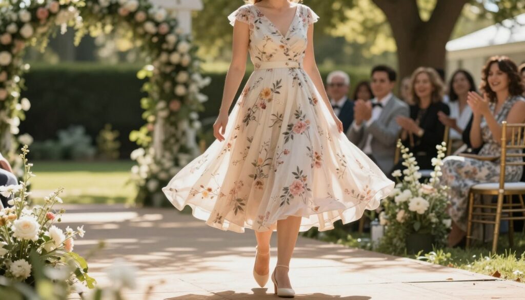 A stylish wedding outfit for a shorter woman with a soft tummy, focusing on elegance and comfort. In the foreground, depict a woman in a flowing, knee-length dress with an A-line silhouette, featuring floral patterns and a lightweight fabric, elegantly accentuating her figure. She wears tasteful heels that blend with the outfit while maintaining comfort. In the middle ground, a scenic outdoor wedding setting with soft, dappled sunlight filtering through trees and delicate floral arrangements decorating the area. The background includes blurred guests in the distance, appreciating the joyful event. Capture a lively and uplifting atmosphere, with warm, soft lighting to enhance the mood, and consider a slightly elevated angle to highlight the outfit gracefully. A stylish wedding outfit for a shorter woman with a soft tummy, focusing on elegance and comfort. In the foreground, depict a woman in a flowing, knee-length dress with an A-line silhouette, featuring floral patterns and a lightweight fabric, elegantly accentuating her figure. She wears tasteful heels that blend with the outfit while maintaining comfort. In the middle ground, a scenic outdoor wedding setting with soft, dappled sunlight filtering through trees and delicate floral arrangements decorating the area. The background includes blurred guests in the distance, appreciating the joyful event. Capture a lively and uplifting atmosphere, with warm, soft lighting to enhance the mood, and consider a slightly elevated angle to highlight the outfit gracefully.