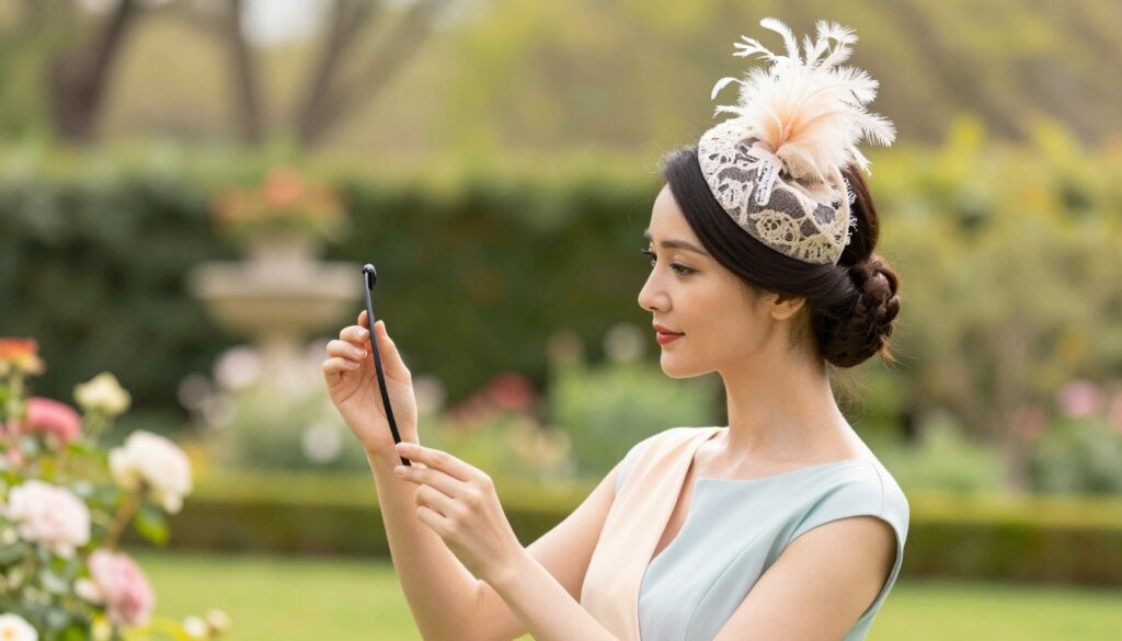 A stylish woman wearing an elegant dress stands outdoors, thoughtfully selecting a fascinator that complements her outfit. The fascinator features intricate lace and feathers, blending harmoniously with the soft pastel colors of her dress. In the foreground, the woman is in focus, showcasing her modest yet chic hairstyle adorned with the fascinator. The middle ground presents a softly blurred garden setting, with lush greenery and blooming flowers, enhancing the refined atmosphere. Soft, natural daylight filters through the trees, creating a warm and inviting ambiance. The photo is captured from a three-quarter angle, emphasizing the woman's profile and the delicate details of the fascinator. The overall mood is elegant and vibrant, reflecting the sophisticated art of accessorizing for special occasions.
