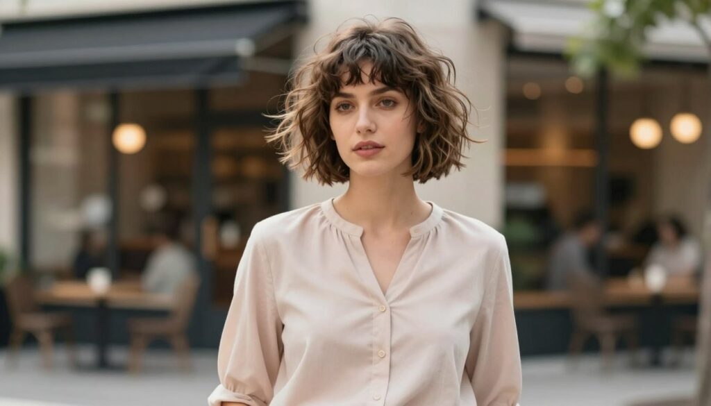 A stylish woman with a shaggy bob haircut stands confidently in the foreground, her hair tousled and textured, showcasing a blend of light and dark shades. She wears a chic, modest blouse in a soft pastel color, creating a casual yet sophisticated vibe. The middle ground features a softly blurred, modern urban setting with muted colors, perhaps a coffee shop or boutique, enhancing the focal point on her hairstyle. The background includes hints of greenery and warm lighting, suggesting a cozy afternoon. The scene is captured from a slightly low angle, emphasizing her relaxed posture and the effortless charm of the shaggy bob. The overall mood is carefree and stylish, reflecting a contemporary, nonchalant character. A stylish woman with a shaggy bob haircut stands confidently in the foreground, her hair tousled and textured, showcasing a blend of light and dark shades. She wears a chic, modest blouse in a soft pastel color, creating a casual yet sophisticated vibe. The middle ground features a softly blurred, modern urban setting with muted colors, perhaps a coffee shop or boutique, enhancing the focal point on her hairstyle. The background includes hints of greenery and warm lighting, suggesting a cozy afternoon. The scene is captured from a slightly low angle, emphasizing her relaxed posture and the effortless charm of the shaggy bob. The overall mood is carefree and stylish, reflecting a contemporary, nonchalant character.